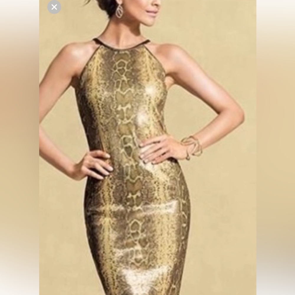 Gold, metallic snake skin sequin halter look dress